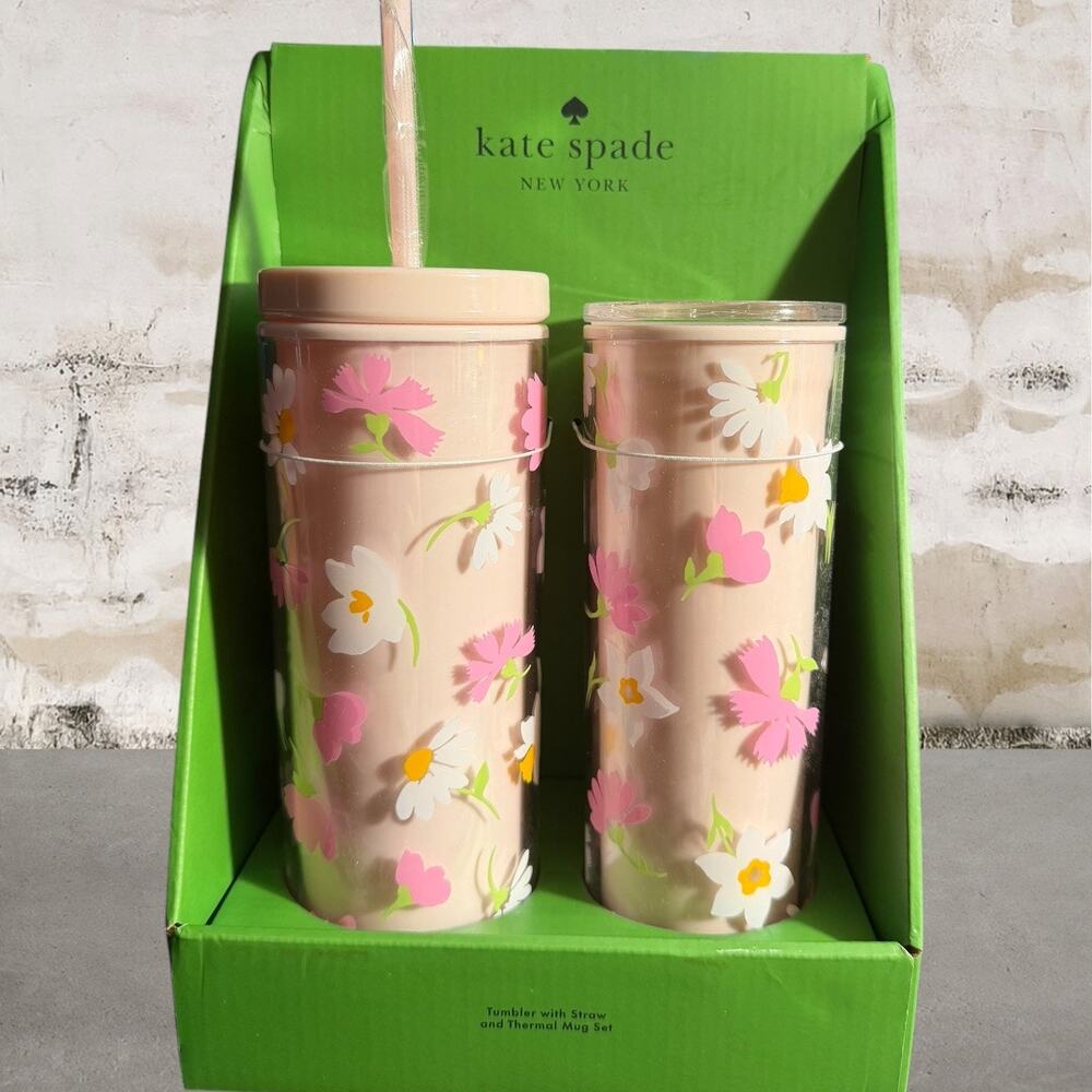 Kate Spade Floral Waltz Tumbler with Straw & Thermal Mug Gift Box Set NWT